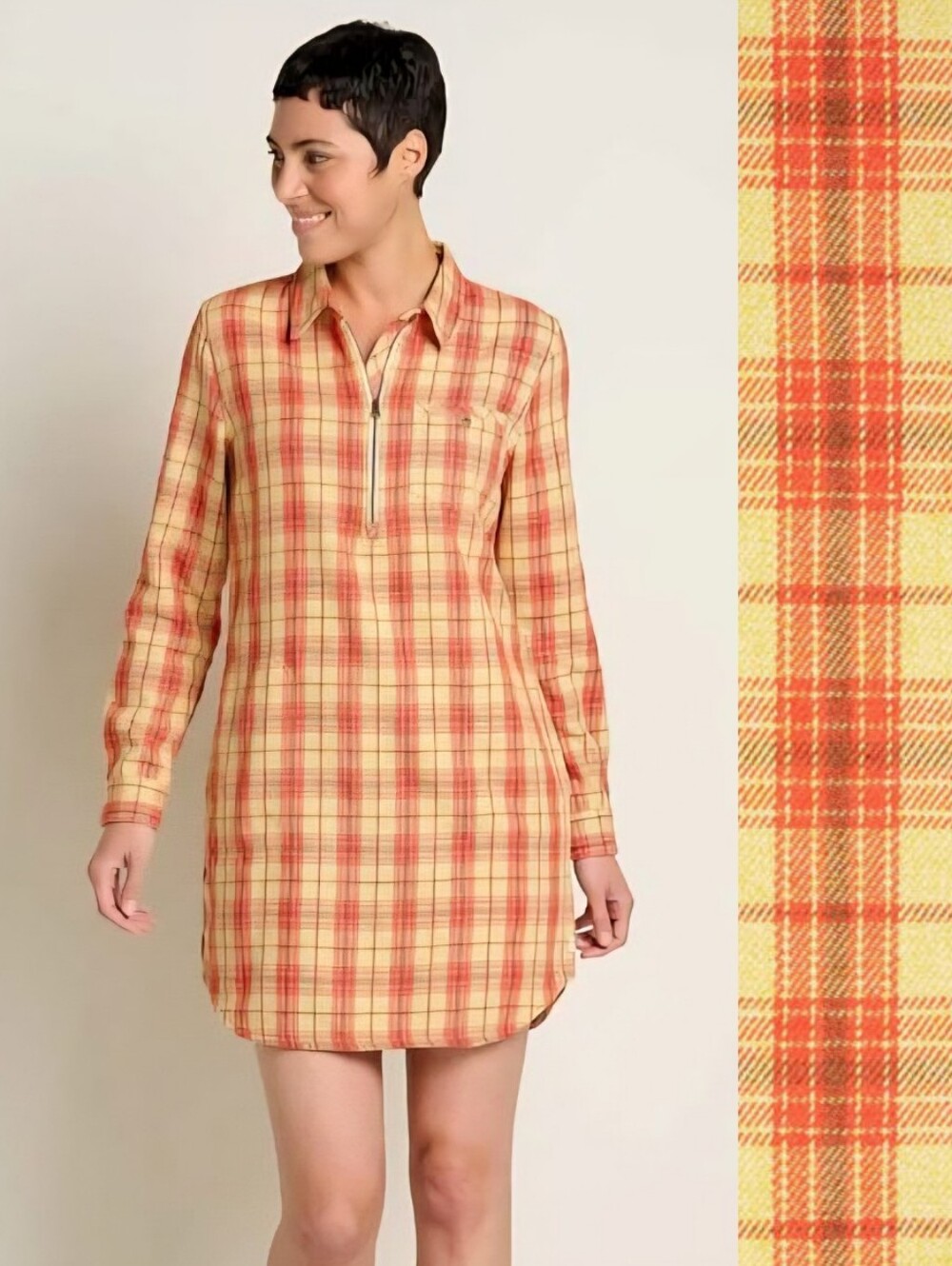 Toad & Co Bodie Winterberry Yellow Plaid Quarter Zip Long Sleeve Dress